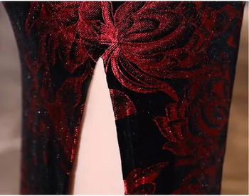 Sheng Coco Črno Rdeče Mah Kitajski Obleko Qipao Dolgo Cheongsam Banket Obleke Z Dolgimi Rokavi Novo Leto Obleka Ženske Obleke