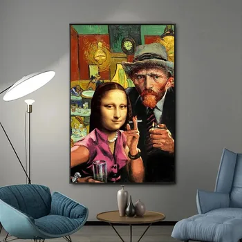 Smešno Umetnosti Mona Lisa in Van Gogh Kajenje Platna Slike Steno Umetnosti Plakatov in Fotografij Da Vinci Znanih Slik za dnevno Sobo