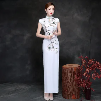 Kitajski Tradicionalni Dolgo Svileno Obleko Ženske Elegance Dolgo Cheongsam Dama Stranke, Svila Qipao Tiskanja Cvet Stranki Poroka Obleke 90