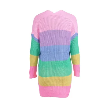Jeseni ženski pulover z Dolgimi Rokavi Mozaik Pletene Odpri Prednji Mavrica Prugasta jopico plašč ženski pulover Žensko jopico