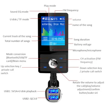 Barva Sn FM Oddajnik Avto MP3 Brezžična tehnologija Bluetooth Prostoročni Komplet o AUX Modulator z QC3.0 Dvojno USB Polnjenje