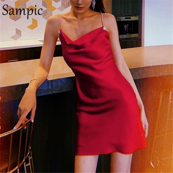 Sampic letnik elegantno črno rdeče povoj party ženske, nočni klub, mini obleko backless diamond špageti trak sev obleko poletje