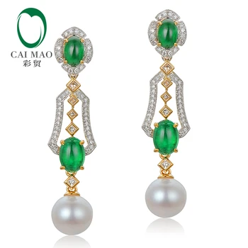 CAIMAO Naravnih 2.31 ctw Chrysoprase Smaragdi in Diamanti, 8 mm Pearl 18kt Multi-tone Zlata Retro angleški Spusti Uhani za Ženske
