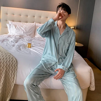 2021 Pomlad Ženske Pižame Nastavite Luksuzni Modni Stil Modre Črte Sleepwear Svile, Kot Nekaj Domov Oblačila More za Moške