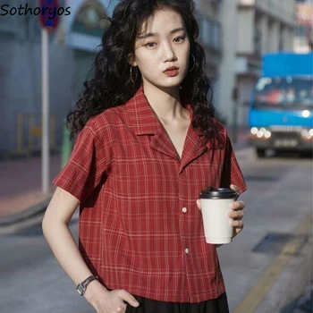 Ženske Bluze Kariran Zarezo Retro Crop Tops Svoboden Priložnostne Vse-tekmo Osnovne Tanke beloprsi Singl Moda korejskem Slogu Ženski Chic