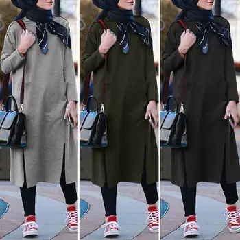 Elegantno Split Hoodies Obleko Žensk Jeseni Sweatshirts 2021 ZANZEA Vestidos Dolgimi Rokavi, Puloverji Žepi Plus Velikost Haljo Femme