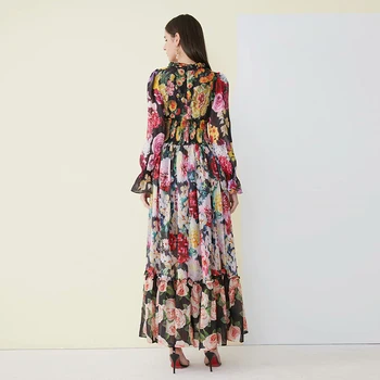 New VISOKE KAKOVOSTI Moda 2021 vzletno-pristajalne Steze Maxi Obleka Ženske Dolg Rokav Krasen Cvjetnim Tiskanja Dolgo Obleko