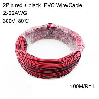 100m 2x22AWG 2Pin PVC Žica Rdeča+Črna Razširitev Razširitev Priključek Kabel Kabel Za 5050 3528 Enotni Barvni LED Trakovi