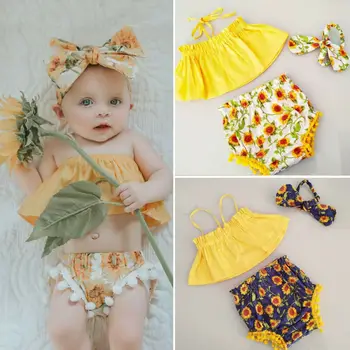 3PCS Moda Newborn Baby Oblačila Določa Sladko Dekle Ramenski Vrhovi Tank+Sončnično Hlače+Pokrivala Princesa Bombaž Obleke 0-24M