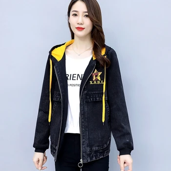 Zip Gor Jakno Ženske S Kapuco 2020 Jeseni, Pozimi Moda Tiskanje Črna Ženska Jeans Jakne Svoboden Plus Velikost Korejskem Slogu Ulične