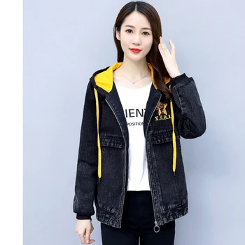 Zip Gor Jakno Ženske S Kapuco 2020 Jeseni, Pozimi Moda Tiskanje Črna Ženska Jeans Jakne Svoboden Plus Velikost Korejskem Slogu Ulične