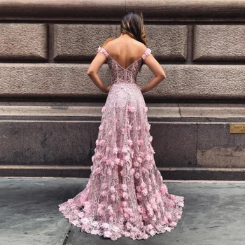 Elegantno Off Ramo Til Roza Večerno obleko 2019 Moda Dolgo Appliques 3D Cvet Maturantski Formalnih Obleke, Ženske Stranka Oblek