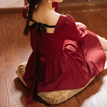 COIGARSAM francoskem Slogu Polno Rokavi Ženske obleke Nove Vintage Lok Visoko Pasu Obleke Vino Rdeče 2059