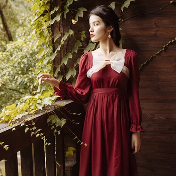 COIGARSAM francoskem Slogu Polno Rokavi Ženske obleke Nove Vintage Lok Visoko Pasu Obleke Vino Rdeče 2059