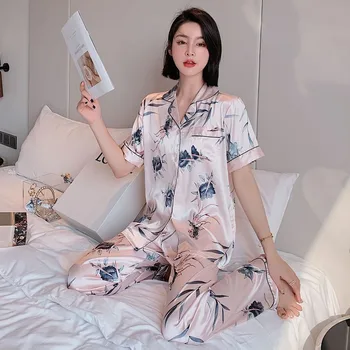 Print Majica&Hlače 2PCS More Oversize Saten Sleepwear Ženske Pižame bo Ustrezala Seksi Nightgown Homewear Svilnato Intimno Perilo 3XL