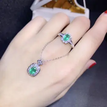 Naravna zelena Smaragdni prstan Obesek Naravni Gemstone Nakit Set S925 Silver fashion krog Sonca roža Ženske stranka nakit