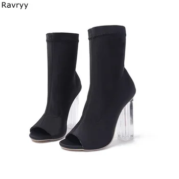 Dodatki Modni prozorni kvadrat pete Ženske kratke sandali, škornji elastična črna gleženj boot ženska, čevlji peep toe slip-on ženski čevlji