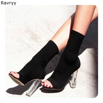 Dodatki Modni prozorni kvadrat pete Ženske kratke sandali, škornji elastična črna gleženj boot ženska, čevlji peep toe slip-on ženski čevlji