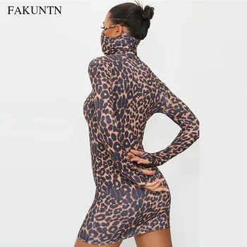 FAKUNTN 2021 Nov Modni Seksi Obleka Ženske Obleke Slim Leopard Tiskanja Priložnostne Dolgi Rokav Stranka Obleke Za Ženske Jeseni Vestidos