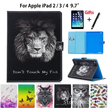 Za Apple iPad 2 3 4 Case Živali Naslikal Tablet PU Usnja Flip Stojalo Primeru Za iPad2 iPad3 iPad4 Kritje Funda Kože Lupini+Film+Pen
