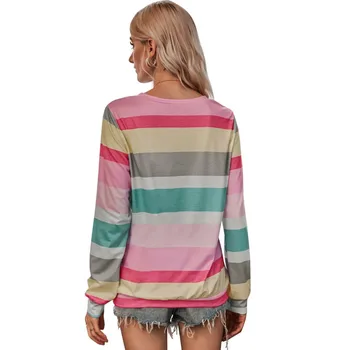 2020 Jeseni, Pozimi Striped Majica z Dolgimi rokavi Ženske O-vratu Plus Velikost Modnih Vintage T-shirt Vrhovi Ulične Tee Shirt Femme
