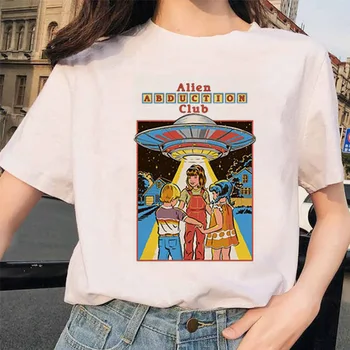 UFO Tujec Satan, smrt, Estetske Harajuku T-shirt Ulzzang Priložnostne Risanka T-shirt za Poletje Grunge Grafični Bela kratek sleeve Zgornji del