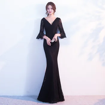 Novo Črno Tradicionalna Kitajska Obleka Qipao Ženske Večerne Obleke Letnik Cheongsam Ženske Nevesto Dolgo Cheongsam Moderno Obleko