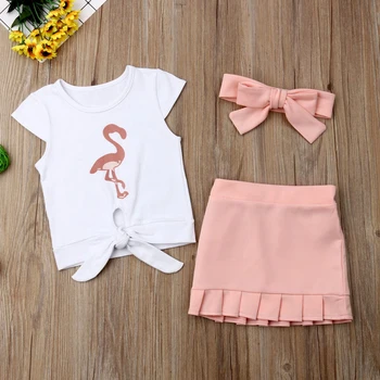 3 Kosov Otroci Baby Dekle Flamingo Natisne Majica brez Rokavov Vrh in Trdno Krilo z Glavo Set Za Malčka, Girl Obleke Obleke