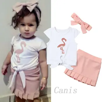 3 Kosov Otroci Baby Dekle Flamingo Natisne Majica brez Rokavov Vrh in Trdno Krilo z Glavo Set Za Malčka, Girl Obleke Obleke