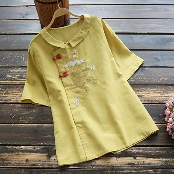 7770 Nove Poletne Ženske Majica Kitajski Slog Vezenje Sponke Ramije Peter Pan Ovratnik, Kratkimi Rokavi Svoboden Barva Bluzo Ženske