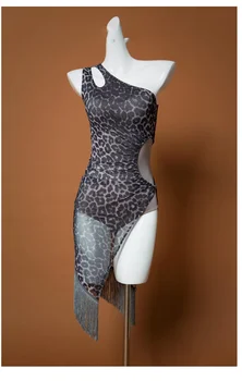 Latinski Ples Obleka Ženske Leopard Tiskanja Tassel Konkurence Obleke Cha Cha Tango Samba Salsa Uspešnosti Ples Obrabe na zalogi