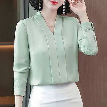 2021 Pomlad Nov modni OL Vrhovi Proti-vrat Šifon majica Elegantne Ženske dolgimi rokavi Belo bluzo blusa feminina