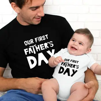 1pcs Naš Prvi Oče je Dan Očka Tshirt in BabyRomper Družino Ujemanje Oblačila Oče Otroci Baby Smešno Očetov Dan Obleko