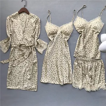 Leopard Saten 5PCS Pižamo Nastavite Čipke Ženske Sleepwear Oblačilo Kimono kopalni plašč Obleke SEKSI Bež More Autunm Pomlad Novo Homewear