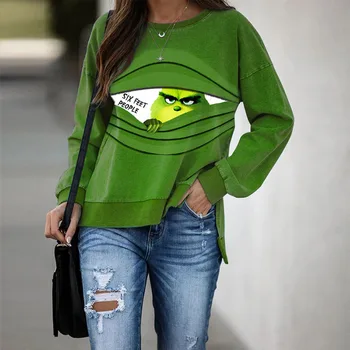 Ženski Pulover Zelena Tiskanje Priložnostne Bombaž Meša Dolgo Sleeved Krog Vratu Vrhovi Evropske Ameriški Ulici Hipsters Sweatshirts