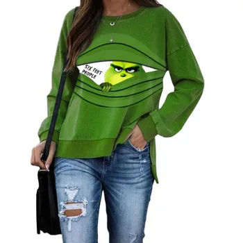 Ženski Pulover Zelena Tiskanje Priložnostne Bombaž Meša Dolgo Sleeved Krog Vratu Vrhovi Evropske Ameriški Ulici Hipsters Sweatshirts