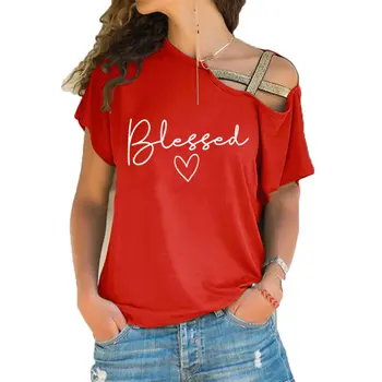 Nov Prihod Christian Blagoslovljeni T-shirt je Super za Kristjane ženska Moda Bombaž Nezakonitih Skew Križ Povoj Vrhovi Tee
