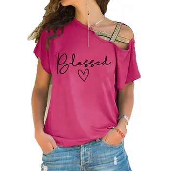 Nov Prihod Christian Blagoslovljeni T-shirt je Super za Kristjane ženska Moda Bombaž Nezakonitih Skew Križ Povoj Vrhovi Tee