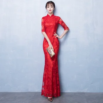 2019 Poletje Dolgo Cheongsam Novost Kitajski stil Oblačenja Ženska Očesa Qipao Slim Stranke Obleke Lady Gumb Vestido Velikost S-XXXL