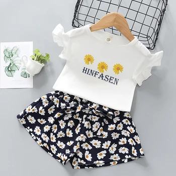 Poletje Nova otroška Oblačila Baby Dekle Nastavite korejski Kratka Sleeved Črko T-Shirt + Daisy Hlače 2-Kos Obleko