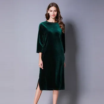 2020 Jeseni Letnik Žametno Obleko Ženske tričetrt Rokav O-Vrat, Tanek in Eleganten Midi Obleko Plus Velikost M-6XL 7XL 10 Barv