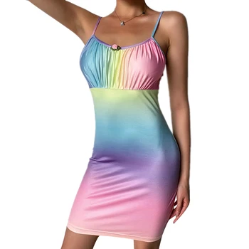 Ženska Seksi Brez Rokavov Bodycon Obleko Poletje Gradient Rainbow Barva: Špageti Trak Mini Obleke