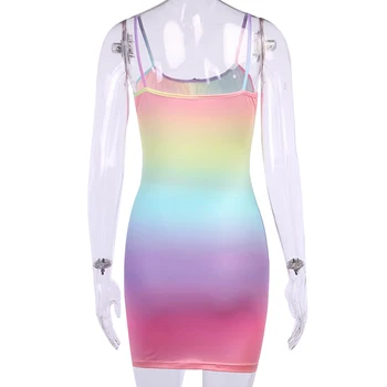 Ženska Seksi Brez Rokavov Bodycon Obleko Poletje Gradient Rainbow Barva: Špageti Trak Mini Obleke