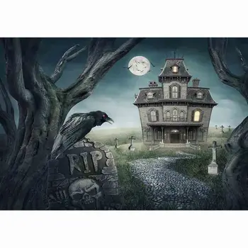 Funnytree okolij za fotografije studio Halloween nagrobnik hiše, drevesa, luna noč strokovno ozadje photocall natisnjen