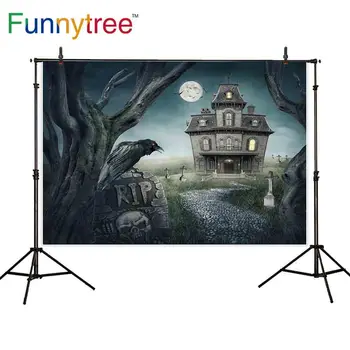 Funnytree okolij za fotografije studio Halloween nagrobnik hiše, drevesa, luna noč strokovno ozadje photocall natisnjen