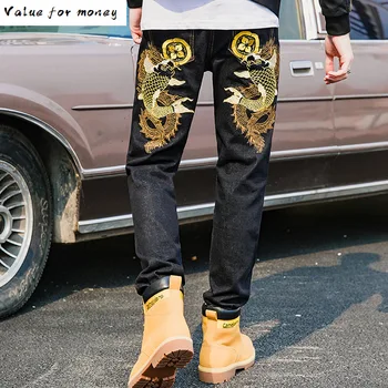 Moški Stretch ulične Slim fit Krap vezenje Jogger Jeans hlače Japonski, Kitajski slog Človek bombaž priložnostne traper hlače