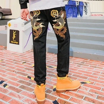 Moški Stretch ulične Slim fit Krap vezenje Jogger Jeans hlače Japonski, Kitajski slog Človek bombaž priložnostne traper hlače