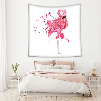 Tapiserija, Pink Flamingo Elegantno Tropsko Ptico Poletje Plaža Akvarel Brizgom Barve Kapljice Umetnine, Natisnjen