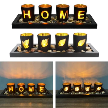 Svečniki Set, ki Vključuje Okrasnih Kamnov Črni Les Pladenj in 4 Steklene Skodelice, Dekorativni Počitnice Darilo za vaše Ljubljene