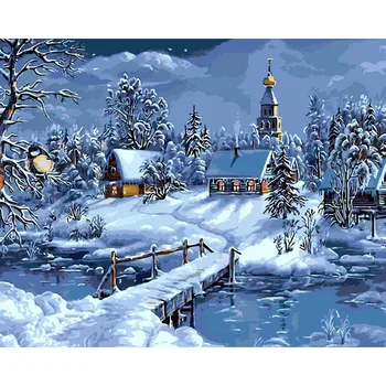 SELILALI DIY Barvanje Z Številkami Krajine Koča V Snegu Oljna slika Domov Handpainted Wall Art Platno, Slikarstvo, Umetnost